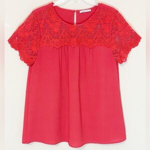 Staccato Red- Orange Short Sleeve blouse with lace front and sleeves - size L
